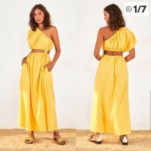 FARM Rio Anthropologie One Shoulder Open Waist Yellow Maxi Dress sz L